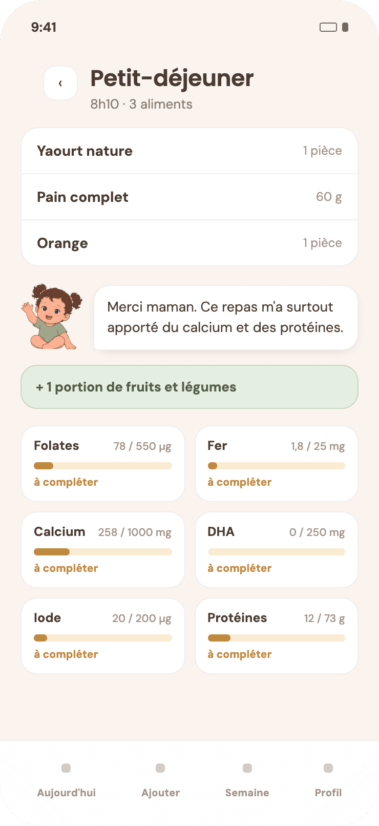 Détail d'un repas dans Pitchoun : les six nutriments suivis, un par un.
