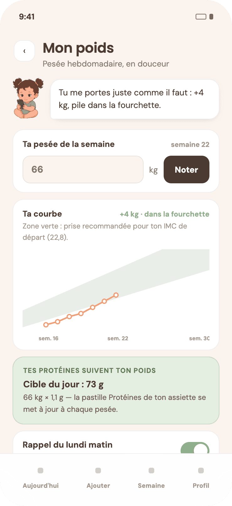 Suivi du poids dans Pitchoun : la courbe et la fourchette recommandée.